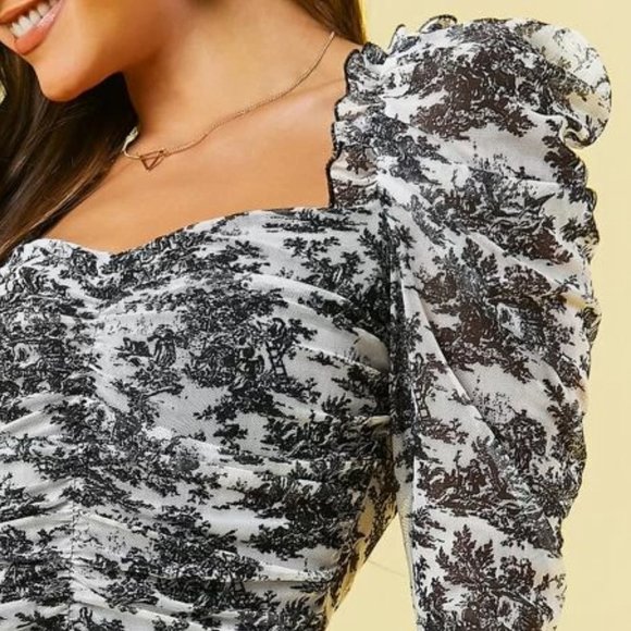 Black/White Ruched Floral Mesh Top  in S, M, L - Picture 3 of 3
